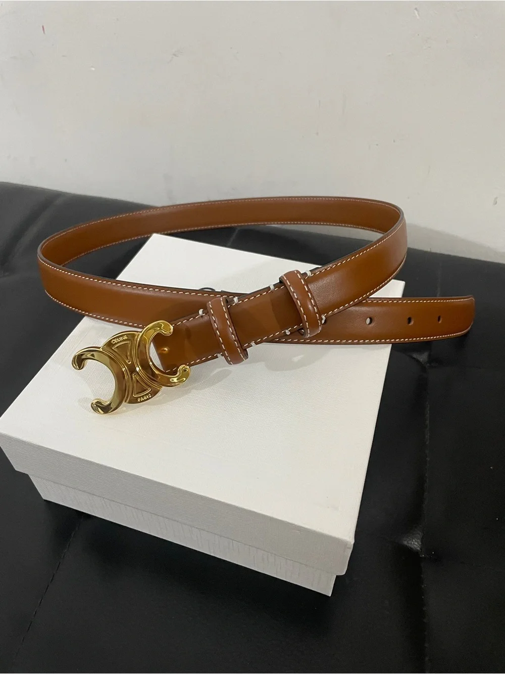 ✨Celine Brown Leather Belt with Gold Buckle 85cm